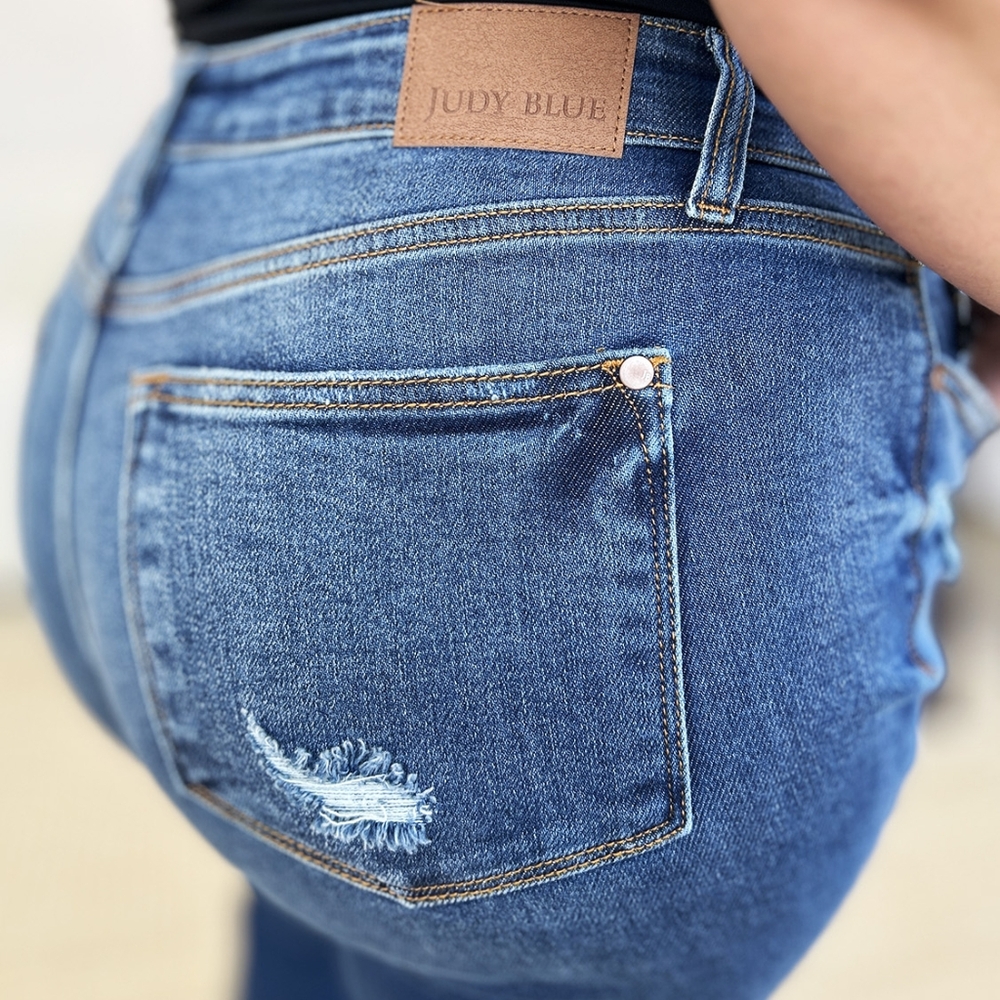 Mid-Rise Distressed Torn Mom Jeans Straight Leg Raw Hem Denim Pants Judy Blue - Picture 4 of 16